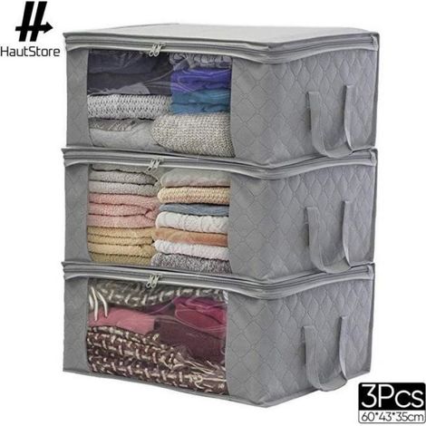 3pcs Sac de Rangement, Non-tissé, Pliable, 48x35x20cm, 90L, pour Vêtements Couettes Oreillers (1/4)