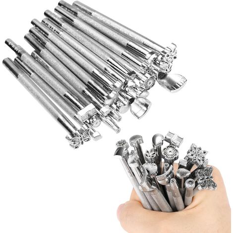 20pcs Tampon pour Cuir, 20 Styles Différents Kit de Sculpture Sur Cuir Outils Gravure de Fond Convient pour Portefeuilles Autres Travaux Manuels (Argenté)