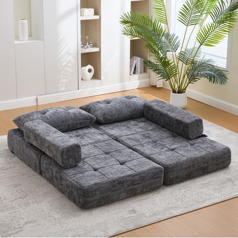 Divano letto pieghevole con cuscini, 180 x 79 x 18 cm, tessuto ciniglia grigio HAVRYA (1/5)