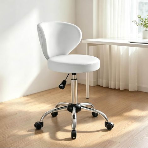 360° drehbarer Rollhocker mit Rückenlehne, höhenverstellbar 51-66 cm, weißer PU, HAVRYA (1/5)