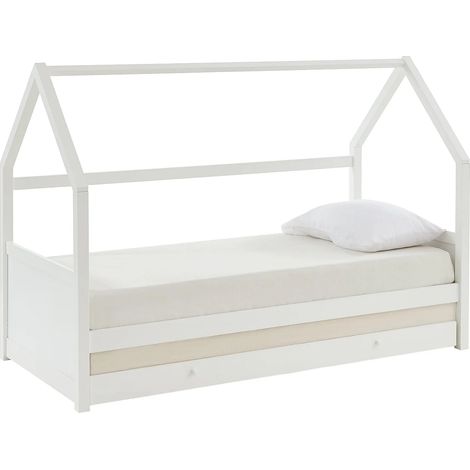 Vente-Unique – Lit gigogne cabane 90 x 190 cm – Structure en pin laqué blanc – Avec sommier à lattes – Charge maximale 120 kg (1/5)