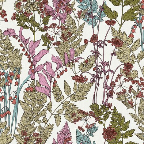 Papier peint fleuri fond blanc avec feuille | Papier peint motif floral multicolore | Tapisserie motif fleur pour salon & chambre - 10,05 x 0,53 m (1/5)