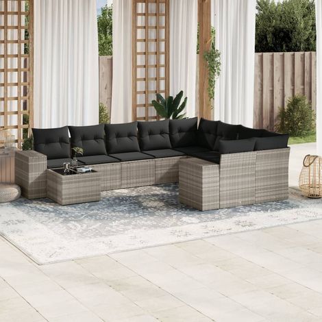 Salon de Jardin Résine Tressée Grège 10 Places avec 10 Coussins Gris Foncé et Table Verre Trémpé, Stockage Inclus (1/3)