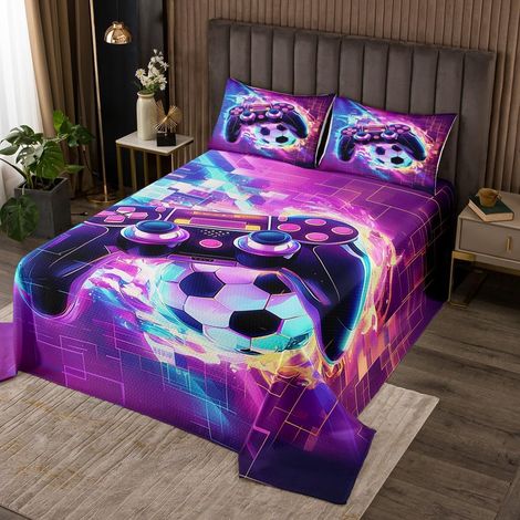 Gamer Couvre-Lit Jeu Dessus de Lit 260x240,Jeu de Football Machine Pull Set Géométrique Maille Carrée Quilting,Géométrique Jeu Décoration pour Garçon Chambre À Coucher Décoration - 260x240cm (1/5)