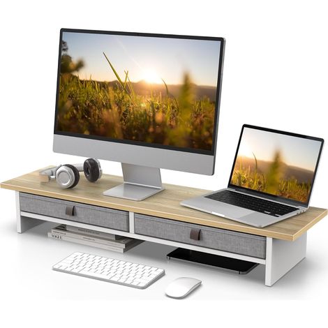 Fenge Support Ecran PC 90cm, 2 Tiroirs Lin, Ordinateur Moniteur TV, Chêne (1/5)