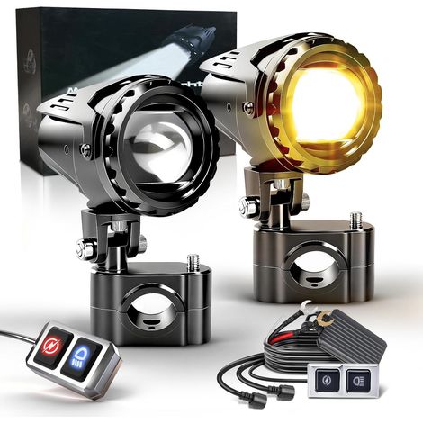 70W 35000LM Feux Antibrouillard Moto, Feux Additionnels Moto 7 Modes Stroboscopiques de Conduite Avec Auxiliaire Blanc Ambre Kit de Faisceau de Câbles Plug and Play et 2 Supports de Montage (1/5)