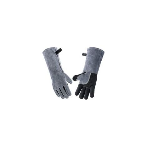 1 paire de gants résistants à la chaleur en cuir pour barbecue, soudure, cheminée, maniques pour four, gril, barbecue, manipulation d'animaux, noir et gris (1/4)
