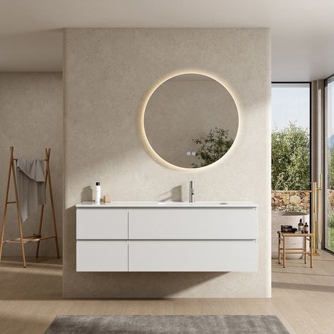 Mobile bagno sospeso 140 cm Bianco Lavabo a Destra in Resina Specchio Tondo Retroilluminato - Fiji Wood (1/4)