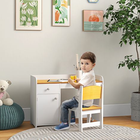 Bureau et chaise d'écolier en bois blanc pour enfants de 3 à 6 ans, avec tiroir et armoire.