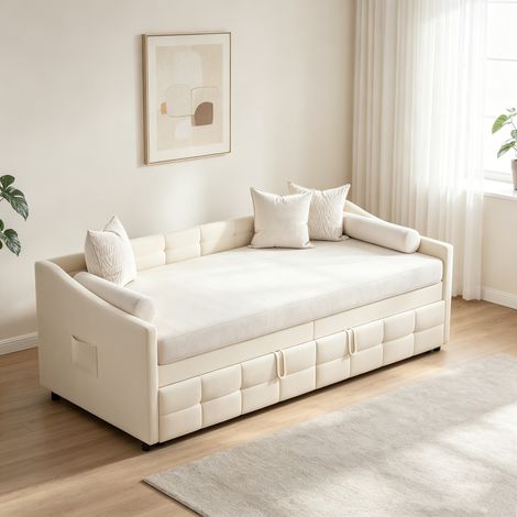 Lit gigogne 90x200 cm - Canapé-lit extensible 2 en 1 avec sommiers à lattes, velours, Lit 2 places pour petit appartement