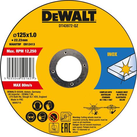 Dewalt DT43972-QZ Disco unido de alto rendimiento delgado de corte rápido (10 latas) 125 mm x 1,0 mm x 22,23 mm