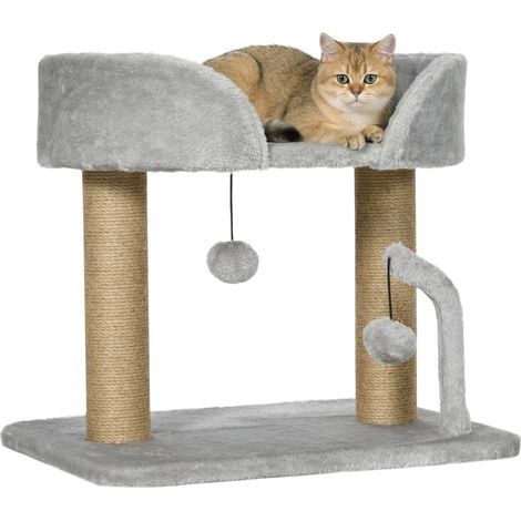 Arbre à chat griffoir 48 x 38 x 42 cm stable avec pompons suspendus design contemporain en panneau de particules gris (1/5)