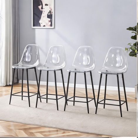 Lot de 4 tabourets de bar transparents avec piètement en métal (1/5)