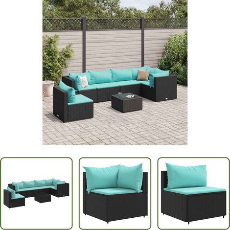 vidaXL Rattan - 7-tlg. Garten-Lounge-Set mit Kissen Schwarz Poly Rattan (1/5)