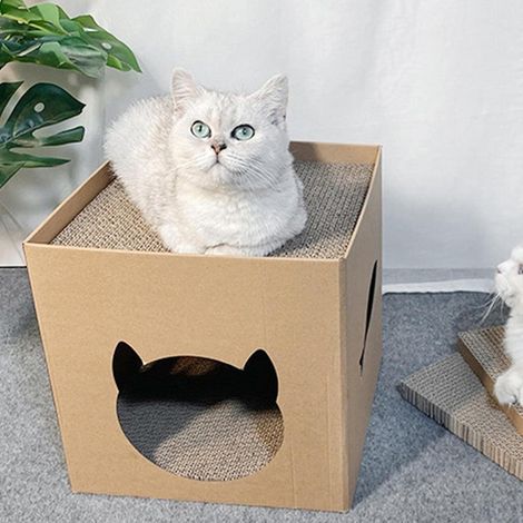 Maison de jeu à griffer pour chat en carton robuste et écologique, gratte-chat cubique avec aire de repos supérieure, jouet interactif design pour félin (1/5)