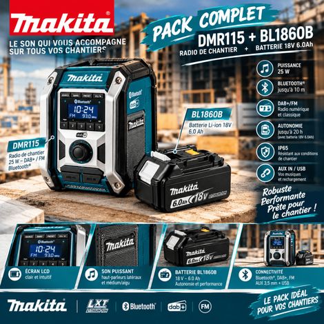 Makita DMR115G1 – Radio de chantier 25 W Bluetooth®, DAB/DAB+, FM + Batterie 18 V 6,0 Ah BL1860B (1/2)