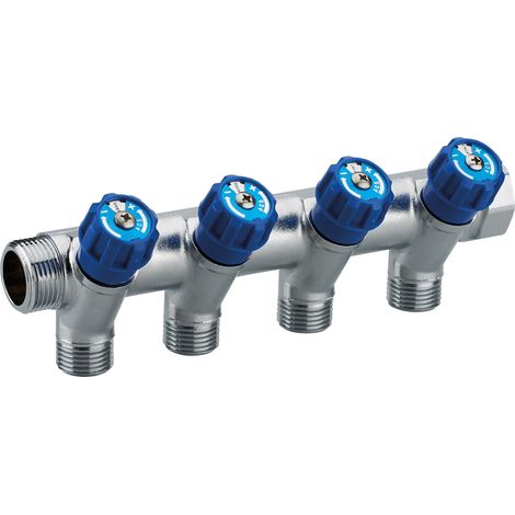 Colector Macho Hembra 3/4 con Grifos Válvulas Azules QUICK PLOMBERIE - 4 Salidas Macho 1/2