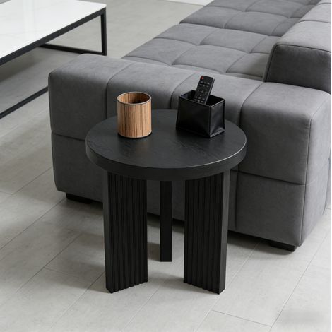 Tavolino rotondo da 80 cm, struttura scanalata, stabile e salvaspazio per soggiorno, uso quotidiano, MDF nero (1/5)