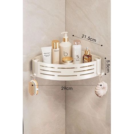 (1 pièce blanche - comme illustré) Étagère d'angle de salle de bain sans perçage, étagère de douche murale en aluminium avec crochets pour porte-serviettes (1/5)