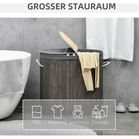 Panier de rangement linge 100 L couvercle, anse, 2 bacs, housse lavable amovible, pour chambre ou salle d'eau, bambou gris