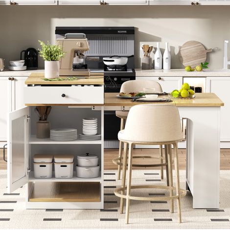 Îlot central de cuisine 151x80x92 cm en MDF blanc et décor bois, extensible gain de place – MEUBLIV (1/5)