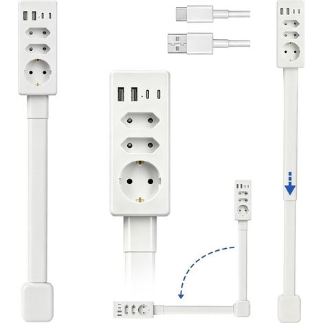 Rallonge de Prise avec Barre d'Extension Extensible, 3 Prises Électriques  2 USB-A & 2 USB-C Charge Rapide, 360° Rotatif & Extensible (47-67 cm) – Multiprise Extensible pour Prises Difficiles d'Accès (1/5)