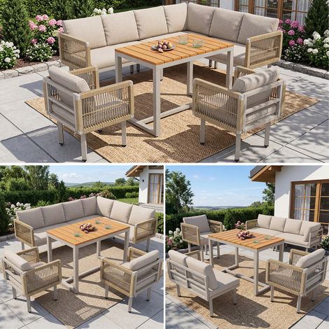 Set di lounge da giardino 6 pezzi, divano angolare con 2 poltrone e tavolo, struttura in acciaio resistente alle intemperie, design in corda intrecciata, cuscini in grigio/beige, lounge da esterno per (1/5)
