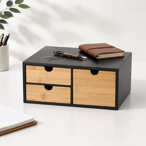 Relaxdays Schubladenbox, Bambus & MDF, 3 Schubladen, H x B x T: 13,5 x 33 x 21 cm, Schreibtisch Organizer, schwarz/natur (1/5)