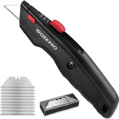 WORKPRO Cutter Universel à Lame Rétractable, Cutter Professionnel avec 10 Lames Supplémentaires en SK5, Cutter à Moquette avec Manche en Aluminium Antidérapant, Noir (1/5)