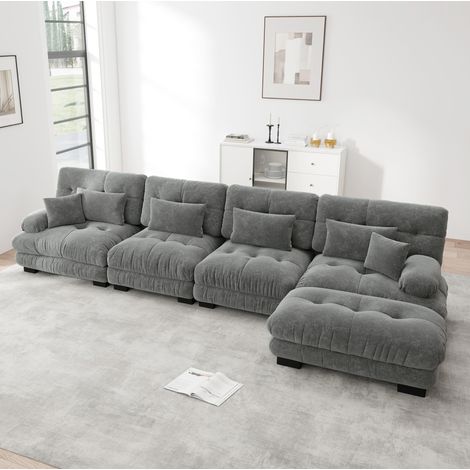 Sofá modular esquinero gris de chenilla con otomana móvil, 4 plazas, diseño configurable (1/5)