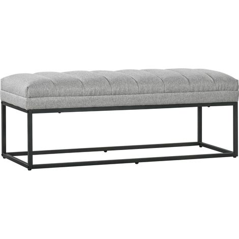 Bout de lit banc rembourré aspect lin 120x44x45.5 cm – Acier gris clair – Capacité 200 kg – Meuble multifonctionnel pour chambre ou maquillage (1/5)