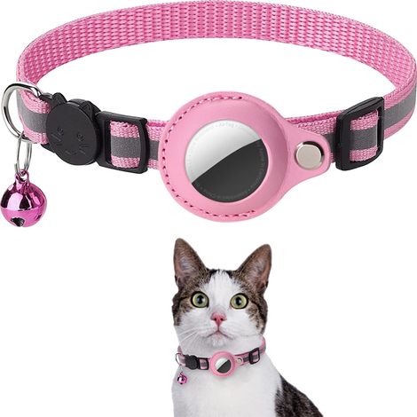Collier chat rose avec porte AirTag Apple intégré, cloche incluse, réfléchissant GPS, léger pour chaton, compatible étui AirTag, collier sécurité ajustable (1/4)