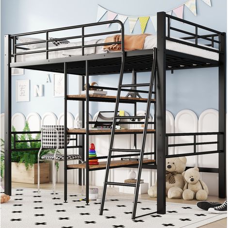 Lit mezzanine 90/200 cm noir en métal avec bureau, étagères et échelle (1/5)