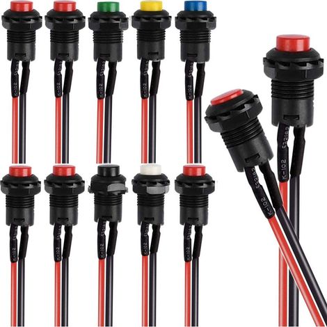 10 Stück 12-mm-Runddrucktaster – SPST, selbstverriegelnd, 6 Farben, vorverlötete Drähte, 12 V (1/5)