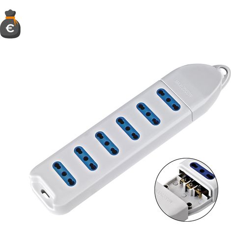 Multiprise Alcapower 6 prises, 10/16 A, norme italienne, puissance maximale 2500 W, tension 250 V CA, format compact sans fil, blanche (1/3)