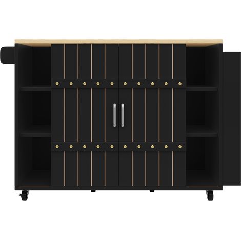 Carrito de cocina con isla, MDF negro, 110x42x90 cm, puertas correderas y ruedas (1/5)