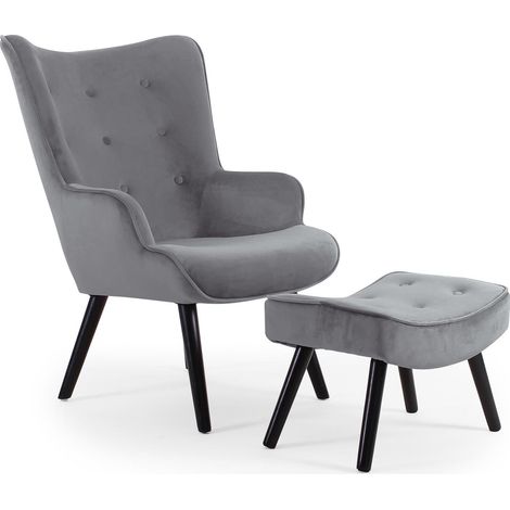 Fauteuil scandinave + pouf Lylou Velours Gris (1/5)