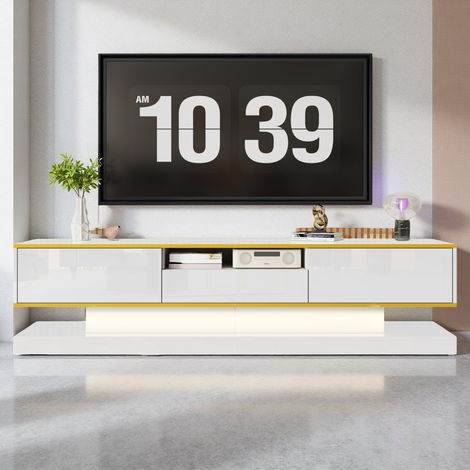 Mobile TV 180 cm, mobile porta TV con 3 cassetti e vano a giorno - Finitura lucida con illuminazione LED a colori cangianti - Bianco