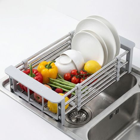 Égouttoir à vaisselle réglable en acier inoxydable avec plateau de drainage pour vaisselle, légumes, fruits, 29 x 17 cm, panier de cuisine sur ou dans l'évier (1/5)