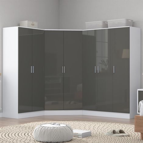 Reflect 4pc Wardrobe Bundle - 2 Door Corner + 3 Door Plain + 2 Door Plain - Grey Gloss & Matt White