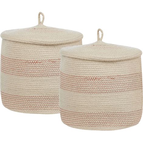 Conjunto de 2 cestas de algodón beige claro rosa 32 cm a rayas tapa Silopi