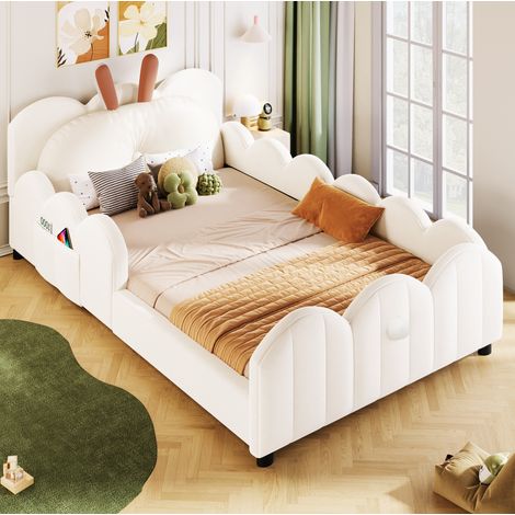 MEUBLIV Cama plataforma 90x200 cm beige con cabecero conejo y barreras, sin colchón (1/5)