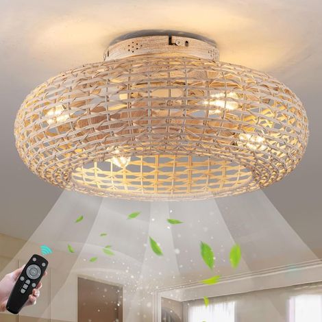 Ventilador de techo silencioso con luz y control remoto, lámpara de techo retro tipo jaula E27, tejido de bambú, luminaria de techo para dormitorio, comedor, iluminación de cocina (1/5)