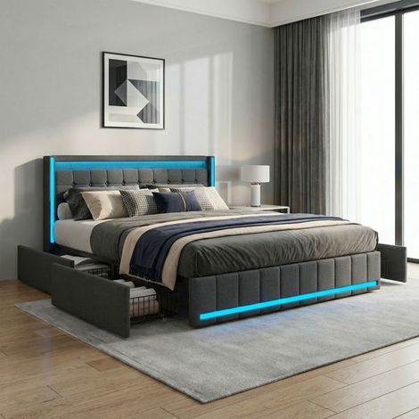 Bett 2 Plätze 140x190 - POCKETPOP - Dunkelgrau - 4 Schubladen - Kopfteil mit USB & LED (1/5)