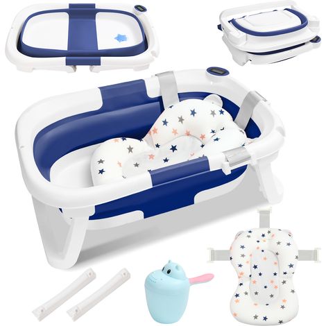 SWANEW Vasca da bagno pieghevole per bambini da 0 a 6 anni con materassino staccabile - Tappo di scarico/Cuscino antiscivolo Blu