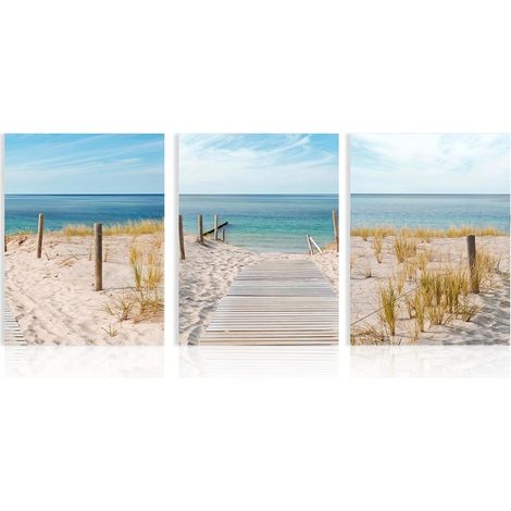 Lot de 3 Art Mural en Toile de Plage Impression Bleu Ciel Mer, Décoration Murale de Plage pour Salle de Bain Chambre 30x40 cm Sans Cadre (1/5)