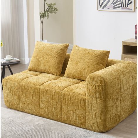 Sofá 2 plazas de chenilla amarilla 158 x 90 x 60 cm estilo chaise longue con bolsillos laterales (1/5)