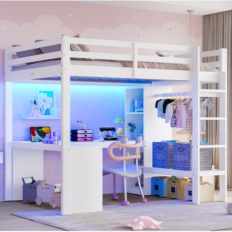 Cama alta 140x200 con escritorio y estantes LED blanca OKMYHOME (1/5)