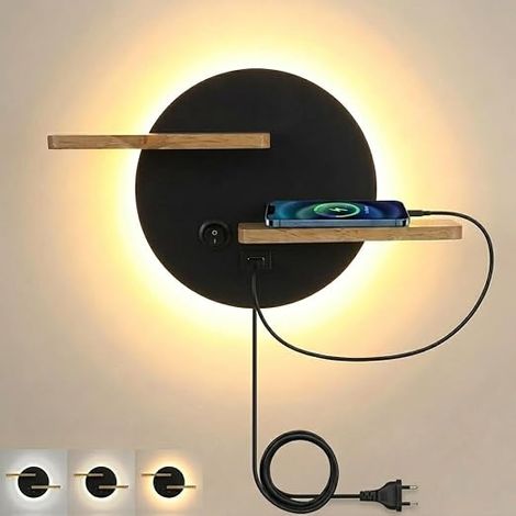 Applique Murale Chambre avec Interrupteur 3 LED Lampe de Chevet avec Port USB et Plateau Applique Liseuse 9W Lampe Murale en Bois Salon Bureau Hôtel, Noir (1/2)