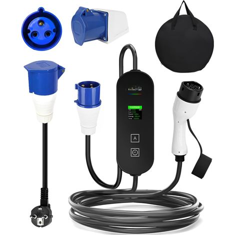 Chargeur de véhicule électrique type 2, câble de charge, prise CEE 8-32A 7KW monophasé 3 broches, chargeur portable avec écran LCD et sac (5 m)